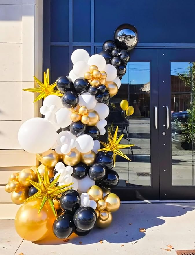 Black and Gold Balloons Arch Garland Kit, 110 Pcs Black Gold and Foil Star Balloon, Fathers Day Balloon arch for Father's Day, Graduation 2026, Birthday, Retirement, Anniversary, Wedding Decor