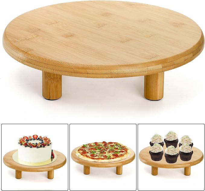 Cididu 12 Inch Bamboo Cake Stand, 3.3''H Round Pedestal Tray, Decorative Display Risers with Legs, Dessert Plate Holder Tray for Birthday Wedding Baby Shower Tea Party Table Display Countertop