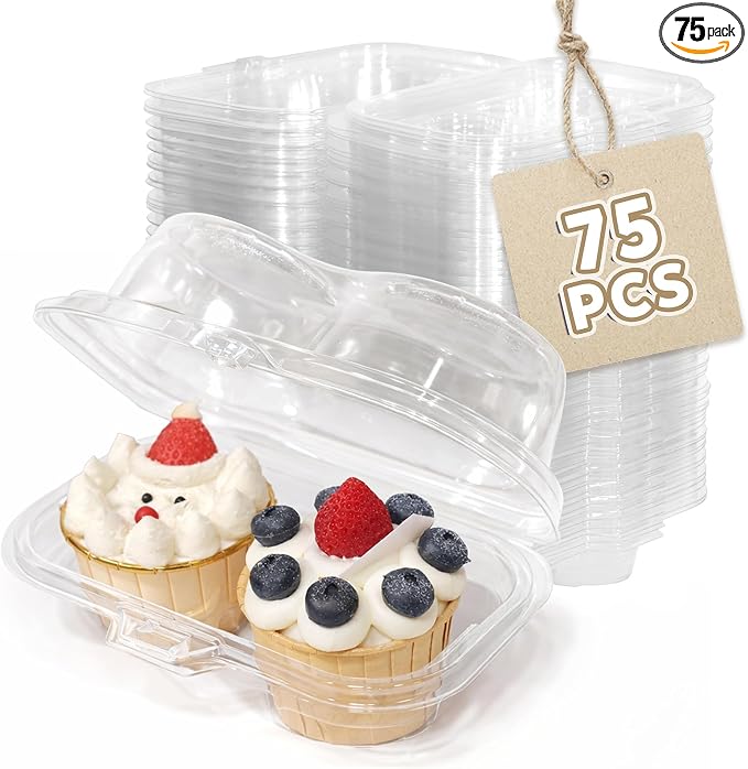 WIKDAY 2 Count Cupcake Containers with Lids, 75 Pack Stackable cupcake holders Clear Plastic Dessert Boxes for 150 Cupcakes, Muffins