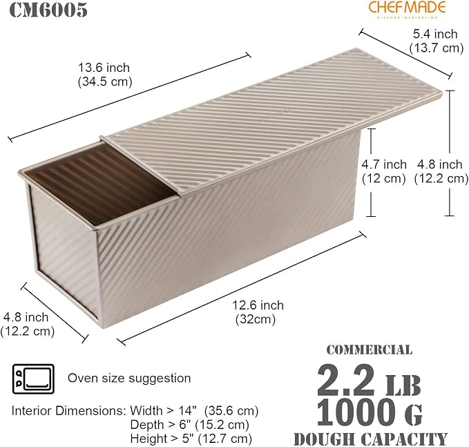 CHEFMADE Commercial Pullman Loaf Pan with Lid, 2.2Lb Dough Capacity Non-Stick Rectangle Corrugated Carbon Steel Bread Toast Mold with Cover for Baking Bread Dishwasher Safe (Champagne Gold)