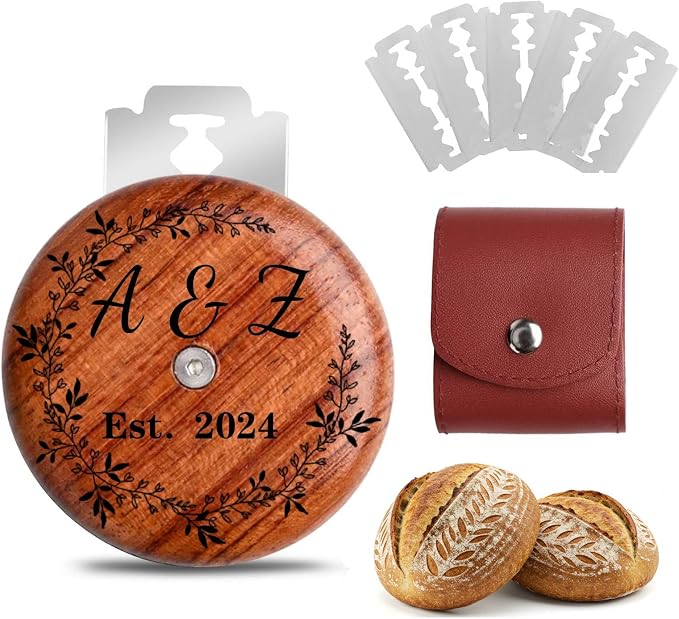 Custom Engraved UFO Bread Lame - Personalized Sourdough Scoring Tool for Artisan Bread Baking, Bread Scorer Tool Set with 5 Professional Stainless Steel Blades, Baker Gift Idea (Design A-Brown Pouch)