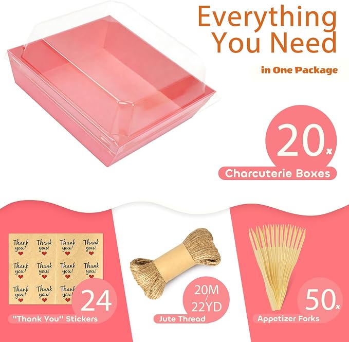 20Pcs Small Charcuterie Boxes with Clear Lids - Paper Mini Charcuterie Boxes To Go, Disposable Food Container with Lid, Dessert Boxes for Sandwich, Cookie, Sushi, Cake Slice, and Strawberries, Pink