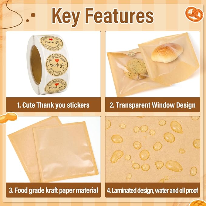 260 Pack Bakery Bags with Window, 7.5x7.1", Sublaga Paper Sandwich Bags, Donut Bag To Go, Bakery Paper Bag for Treat, Snack, Cookie, Waffle, Cake Packaging
