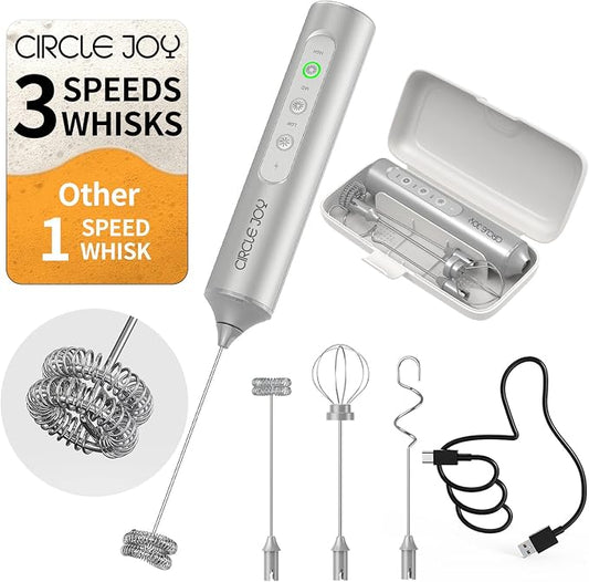 CIRCLE JOY Rechargeable Handheld Milk Frother Wand with 3 Variable Speeds, 3 Whisks and Storage Box, Electric Drink Mixer for Latte, Cappuccino, Hot Chocolate, Eggs and Protein Powder, Silver