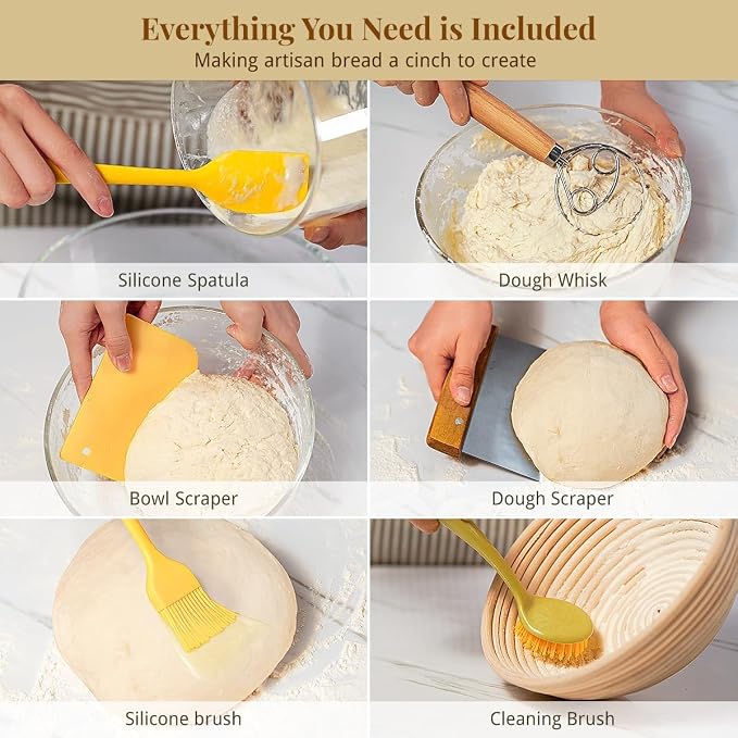 BAVIFY Sourdough Starter Kit, Banneton Bread Proofing Baskets Set, Sourdough Bread Baking Supplies Making Tools with Dough Scraper, Whisk, Bread Lame, Recipe, 2 Round Gift Set