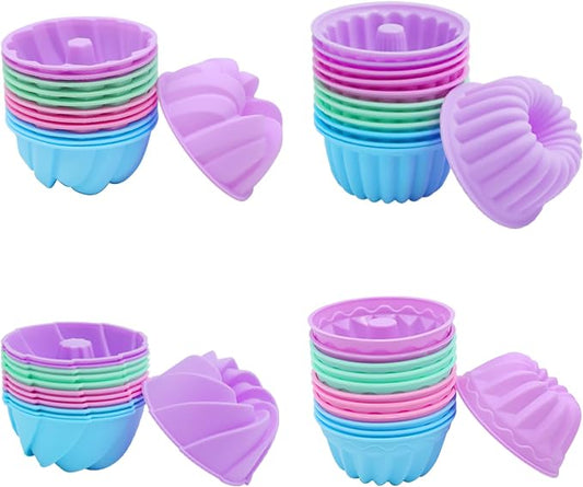 Tongjude 48 Pieces Silicone Donut Mold, 3.15" Diameter 1.37" Deep Small Reusable Baking Cups, Non-Stick, 4 Shape Silicone Molds, Heat Resistant Bakeware for Bagel, Muffin, Jello and Cake Baking