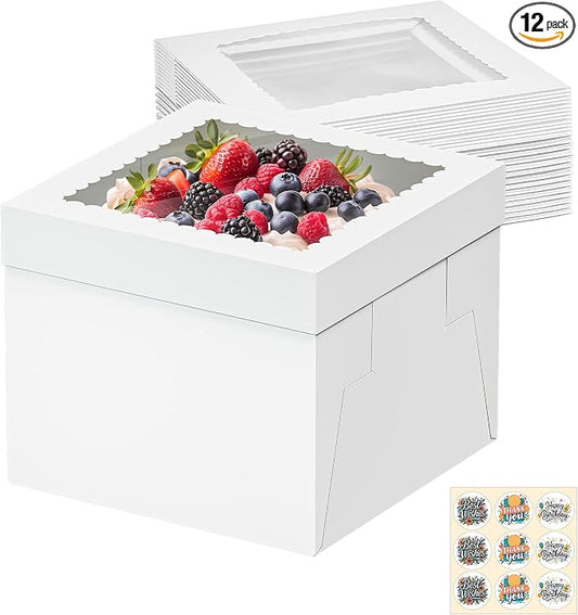 12 Pack Cake Boxes, 12x12x8 Inches Tall Cakes Box, White Cake Boxes with large Window, Square Bakery Box, Disposable Cakes Transport Containers, for Cake Cookie Dessert Pastry, Birthday Party, Wedding