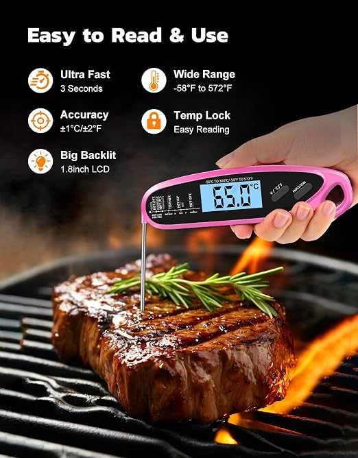 Instant Read Meat Thermometer Digital with Dual Probe & Large Backlit, Food Thermometer for Cooking & Grilling, for Candy/Baking/Oven/BBQ/Grill/Smoker, Pink Kitchen Accessories, Gifts for Women