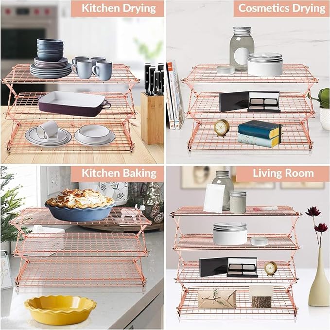3-Tier Upgraded Collapsible Cooling Rack,Stackable Roasting Cooking Drying Wire Cooling Rack– Expand to Bake,Collapse to Save Space,Cookies Baking Gifts Drying Racks for Cake,Roasting,Grilling (Rose)