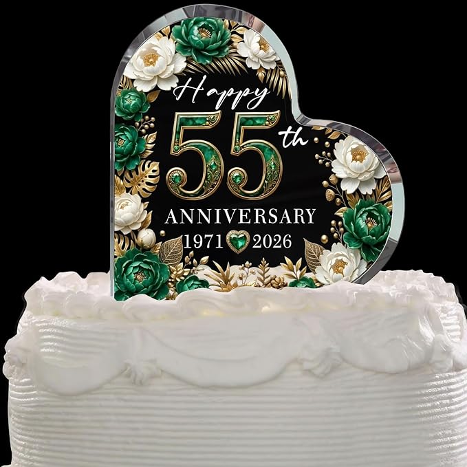 55th Anniversary Cake Topper Acrylic,55 th Anniversary Decorations & Keepsake Gift for Couples（55th Anniversary-Green Floral）