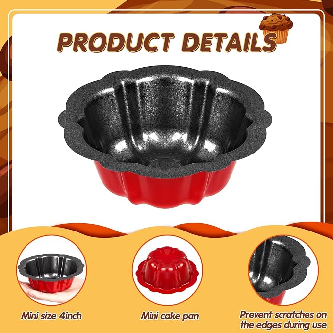 Ctosree 24 Pcs 4 Inches Fluted Mini Cake Pan Nonstick Fluted Cake Pan Carbon Steel Tube Metal Tube Oven Baking Mold with Flower Shape for Cupcake (Red)