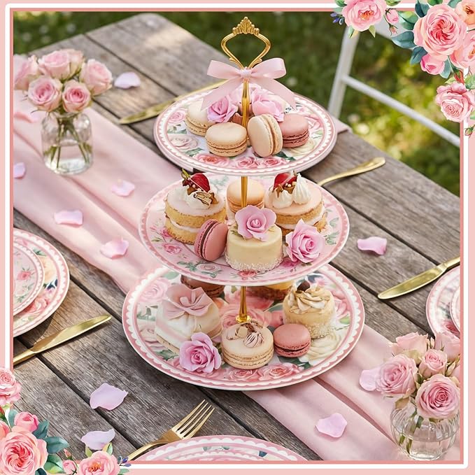 Lallisa Pink Floral Party 3 Tier Dessert Stand 10", 9" and 7" Ceramic Serving Tray Dessert Cupcake Display Holder Tower for Wedding Baby Bridal Shower Tea Party Decoration