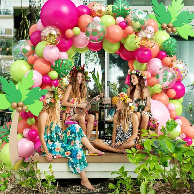 Tropical Balloon Arch Garland Kit, Hawaiian Luau Party Decorations with Hot Pink and Green Balloons, Palm Leaves Balloons Gold Confetti Balloons for Aloha Flamingo Beach Summer Theme Party Decofations