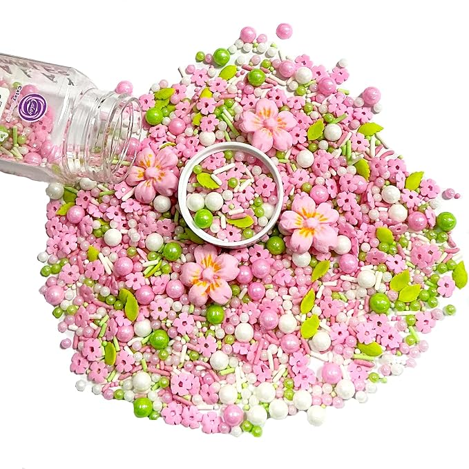 Homipooty Pink Flowers Sprinkles for Cake Decorating Edible Spring White Green Sugar Pearls Baking Cake Cookie Cupcake and Cake Topper Decorations