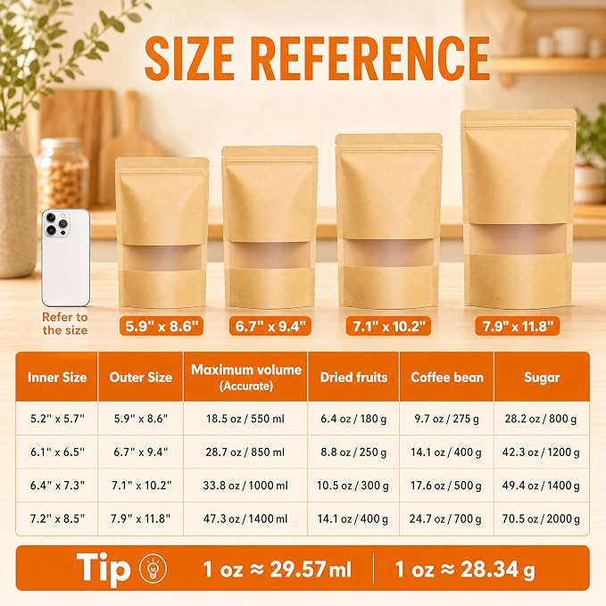 100 Pcs Kraft Paper Bags with Window, 6.3" x 8.6" Stand Up Pouches Bags, Food Storage Bags for Packaging Products, Reusable, Sealable