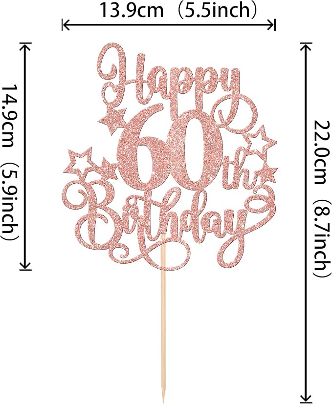 1 PCS Happy 60th Birthday Cake Topper Glitter Cheers to 60 Years Birthday Cake Pick Hello 60 Fabulous Cake Decoration for Happy 60th Birthday Anniversary Party Decorations Supplies Rose Gold