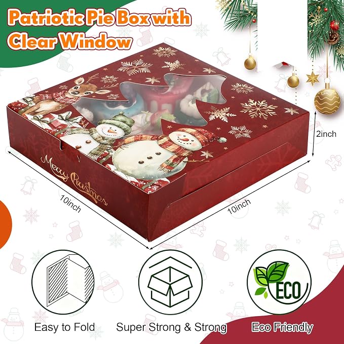 Affrolling 24 Pcs Pie Boxes 10 x 10 x 2 Inch Bakery Boxes with Window for Pies, Cookies and Pastries(Christmas Snowman)