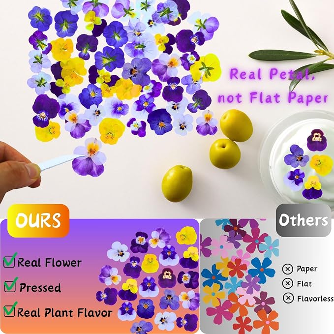 PureHabitat 60 Pcs 10 Colors Natural Dried Pressed Edible Viola Tricolor Flowers for Cake Topper Decoration – for Cupcake Toppers Cocktails Resin Jewelry DIY Crafts (Purple)