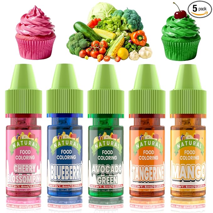 Natural Food Coloring - 5 Colors FD&C & Artificial Dye Free Food Coloring, Liquid Plant Based Food Dye for Baking, Cake Decorating, Frosting, Easter Eggs, Fondant