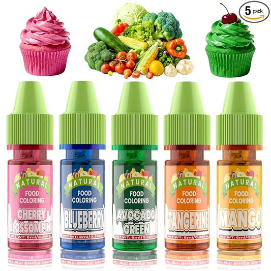 Natural Food Coloring - 5 Colors FD&C & Artificial Dye Free Food Coloring, Liquid Plant Based Food Dye for Baking, Cake Decorating, Frosting, Easter Eggs, Fondant