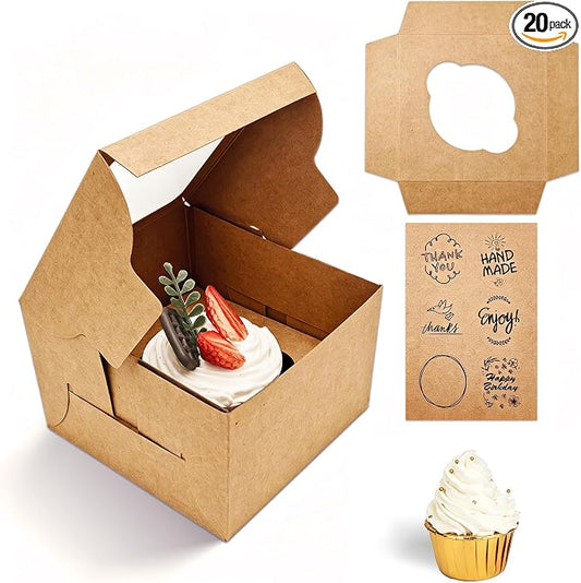 Jotique Cupcake Boxes with Window, 20 Sets 4.5x4.5x3 Inch Kraft Paper Bakery Boxes for Single Cupcake, Cookies and Muffins, Sturdy Disposable Treat Boxes for Individual Pastry, Baked Good, Gift Giving