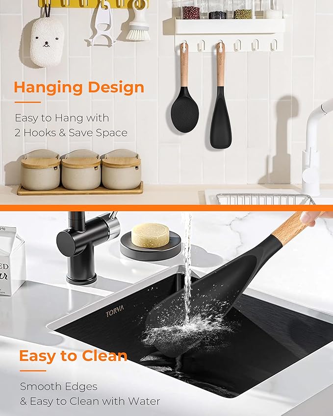 Cooking Spoon Multifunction Spoonula Silicone Spatula Spoon 2-Pack, Dual-Use Heat Resistant 446°F, BPA-Free Non-Toxic Wooden Handle Rice Spoon Set for Non-Stick Cookware & Rice Cookers (Black)