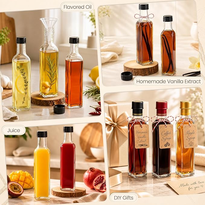 TBWIND 15 Pack 8.5oz (250ml) Vanilla Extract Bottles with Airtight Caps | Includes Shrink Bands, Labels & Funnels; Ideal for Vanilla Extract, Syrups, Infused Oils, Vinegars & Gifting