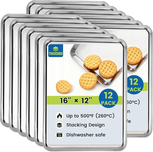 BIEAMA 12 Pack Stainless Steel Toaster Oven Baking Sheets, 16 x 12 in | Stainless steel pans with no chemical coating, mirror-polished finish and rolled edges; dishwasher safe, oven safe to 500°F.
