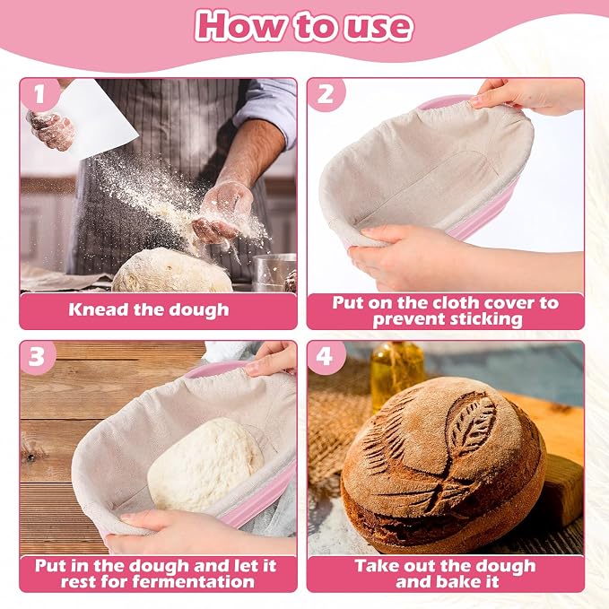 Nuogo 4 Pack Oval Bread Proofing Basket Silicone 10 Inch Collapsible Sourdough Bread Baking Supplies Dough Proofing Bowl with 4 Pcs Dough Scraper and 4 Pcs Basket Covers (Pink)