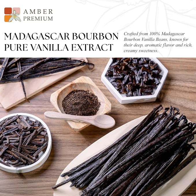 Amber Premium Pure Vanilla Extract 8 fl oz – Madagascar Bourbon Vanilla Extract, No Added Sugar, Non-GMO, Kosher, Vegan, Gluten-Free, Allergen-Free, No Preservatives - Elegant Amber Bottle