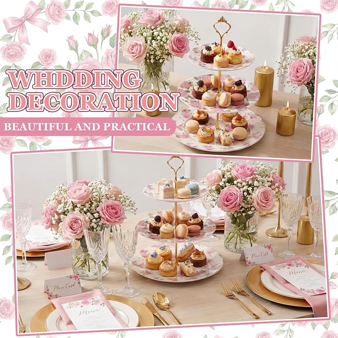 3 Tier Pink Floral Cake Stand Ceramic Coquette Dessert Stand with Gold Metal Rack Shabby Hydrangea Bow Cupcake Tower for Wedding Bridal Shower Baby Shower Birthday Afternoon Tea Party