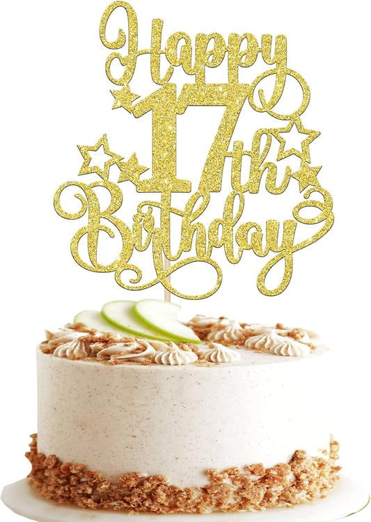 1 PCS Happy 17th Birthday Cake Topper Glitter Cheers to 17 Years Birthday Cake Pick Hello 17 Fabulous Cake Decoration for Happy 17th Birthday Anniversary Party Decorations Supplies Gold