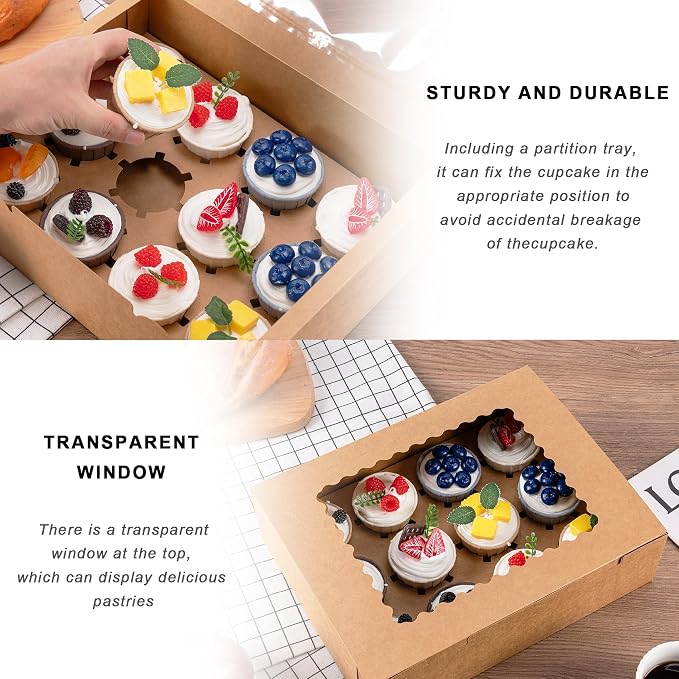 Hoewina 12PCS Cupcake Boxes - Hold 12 Count Cupcake Containers with Window, Food Grade Cupcake Holder Easy Transport and Presentation - Ideal for Cupcakes, Desserts, and More (Brown)