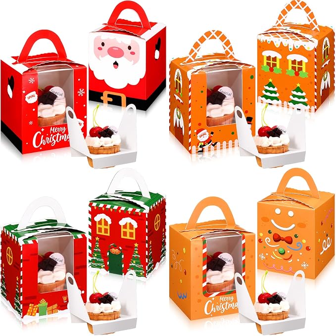 TaoBary 24 Pcs Christmas Cupcake Boxes Xmas Individual Cupcake Box Christmas Cookie Boxes with Window Insert Handle Muffin Pastry Holder Bakery Treat Box for X-mas Party(Gingerbread)