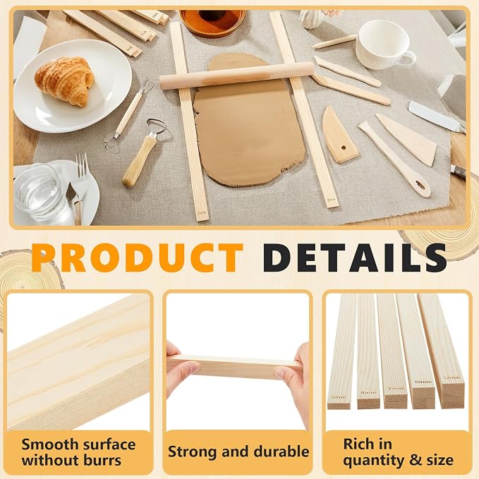 Sasylvia 10 Pcs Clay Pottery Rolling Pin Guides Wood Teaching Rolling Mud Stick Guide Set Polymer Clay Depth Thickness Guide Pottery Mudboard Tools (5 Size Lengthen,Wood Color)