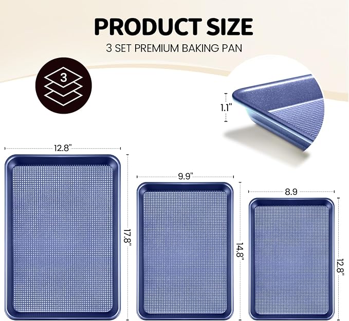 Vinino Baking Sheet Set of 3, Cookie Sheets For Baking with Square Texture Pattern, Thicker Carbon Steel Non-stick Baking Pan Half/Quarter/Jelly Roll Pans Tray for Oven-Blue