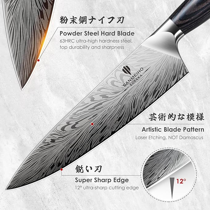 3PCS Kitchen Knife Set,Chef Knife Sets in Powder Steel, Ultra Sharp Japanese Knives Set High Carbon Steel Knives Sets, Cooking Knives Set with Ergonomic Pakkawood Handle