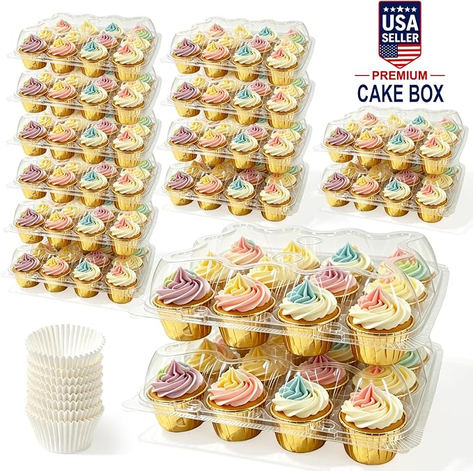 12 Packs × 20 Sets Disposable Plastic Cupcake Containers,Stackable CupCake Holders with lid with 240 Pack Cupcake Liners,Ideal for Baking,Parties,or Storage.