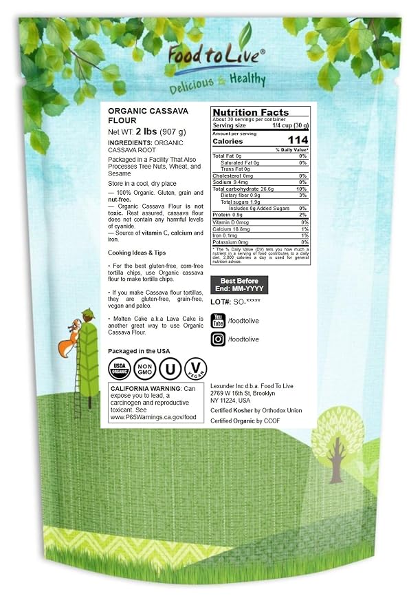 Food to Live Organic Cassava Flour, 2 Pounds — Non-GMO, Raw Yuca Root Powder, 100% Pure, Kosher, Vegan Superfood, Paleo, Bulk, Wheat Flour Substitute