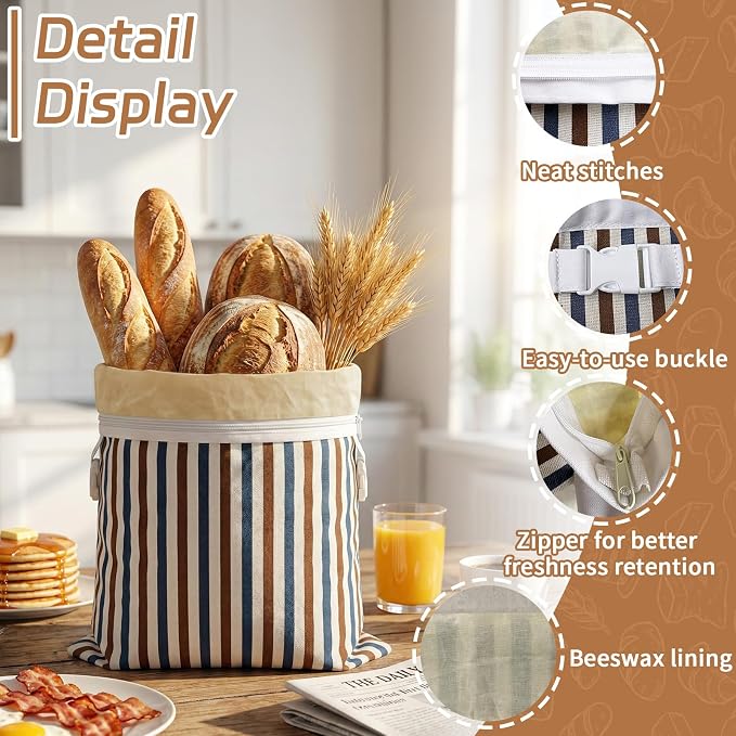 Reusable Beeswax Bread Bags-17"x13" Large Bread Bags for Sourdough & Homemade Cloth BreadBags Keeps Fresh Longer 2Pack (Vertical stripe pattern) | Stripe Pattern
