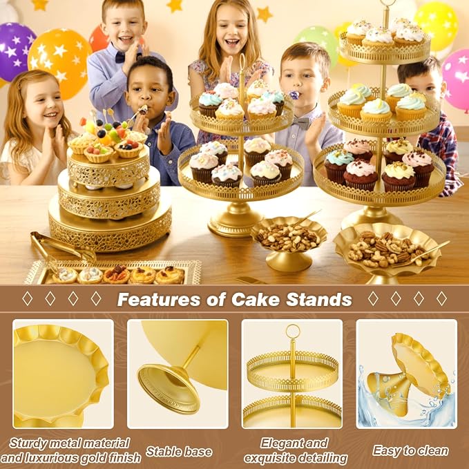 Wenqik 16 Pcs Gold Cake Stand Set Metal Dessert Display Set Tiered Cupcake Holder Square Serving Trays Round Tower Tray Platter for Wedding Birthday Party Celebration (Exquisite Style)