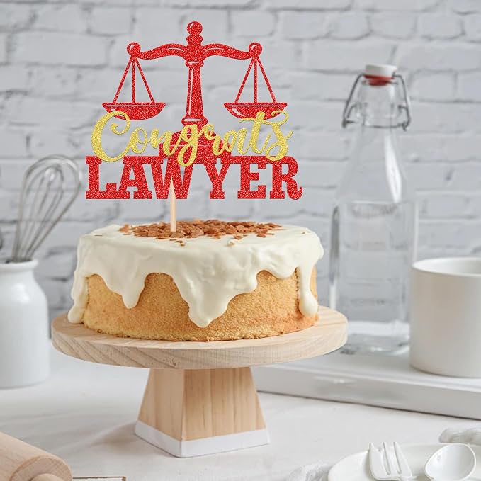 1 Pack Congrats Lawyer Cake Topper Glitter Class of 2026 Law School Survivor Cake Pick 2026 Graduation Cake Decorations for 2026 Lawyer Graduation Party Supplies Red Gold