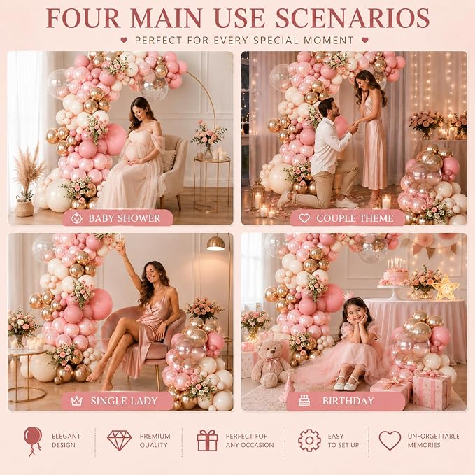 Double Stuffed Dusty Pink Balloon Arch Kit for Girls, Pearl Pink White Gold Balloon Garland for Baby Shower Birthday Wedding Bridal Party Decorations with Clear Metallic Rose Gold Balloons