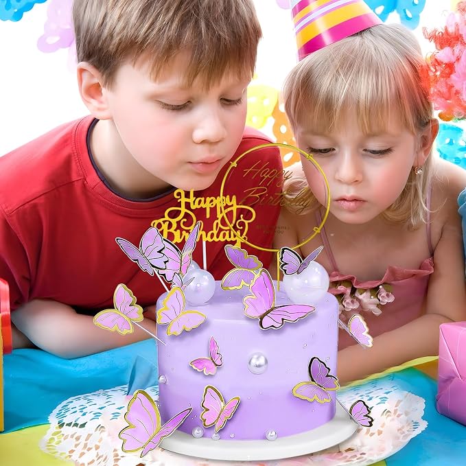 60Pcs Butterfly Cupcake Topper Purple Gold, Lively 3D Butterflies with 2Pcs Happy Birthday Topper for Cake Decor Birthday Anniversary Kids Wedding Girl Women Party Wall Food Decorations,Mixed Size
