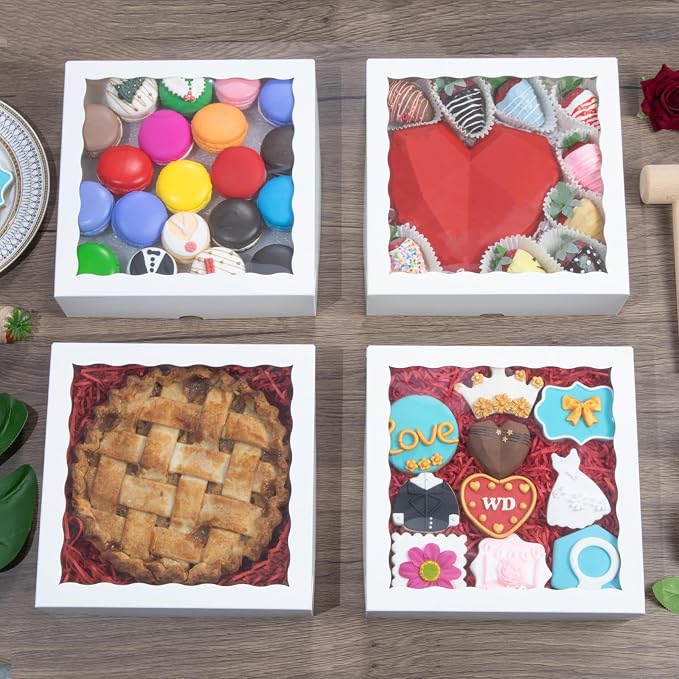 TEMLQPACK 25pcs 9x9x2.5 Inches White Bakery Boxes with Window Cookies Boxes Pie Boxe Chocolate Covered Strawberries Boxe