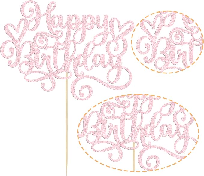 Gyufise 1Pcs Happy Birthday Cake Topper Glitter Cake Pick Bunting Decor for Anniversary Celebrating Party Cake Decorations Supplies Light Pink