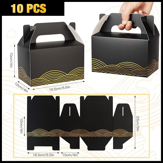 10 PCS Black Gable Favor Treat Boxes, 6.5 x 4 x 4 Inches Elegant Gift Box with Handle for Guests, Goodie Gift Boxes for Candy, Cookie, Busniess, Annivesary Parties, Graduation, Birthday, Wedding, Wave