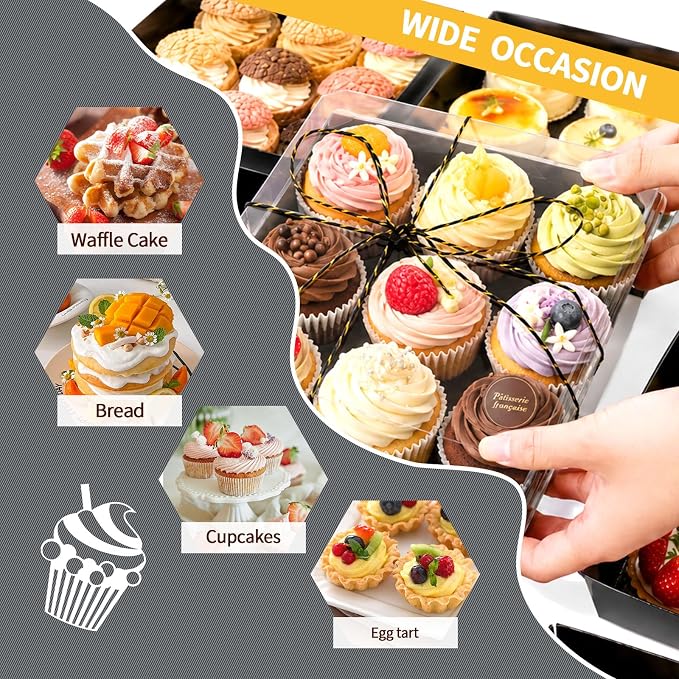 7 x 7 x 2.6 Inches Large Charcuterie Boxes with Clear Lids, 50 Pack Disposable Square Black Bakery Boxes, To Go Paper Food Container for Cake Slices, Sandwiches, Cookies, Dessert