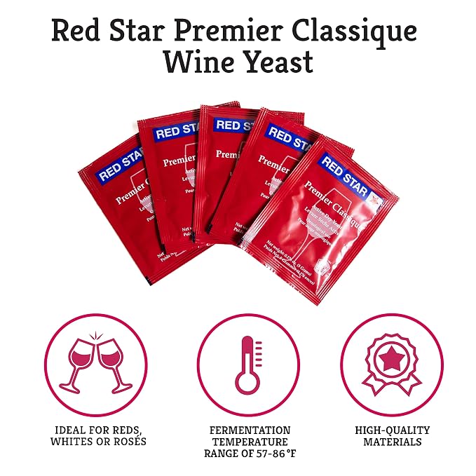 Craft A Brew - Red Star Premier Classique Wine Yeast - Dry Wine Yeast - For Reds, Whites, & Rosés - Ingredients for Home Fermenting - Wine Making Supplies - 5 Pack