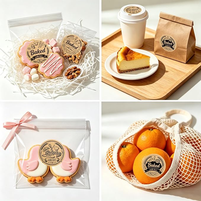 240PCS Baked with Love Stickers, 1.6 Inch Round Self-Adhesive Kraft Baking Labels, Vintage Packaging Stickers for Homemade Bread Cookies Goodie Bags Gift Wrapping,6 Design